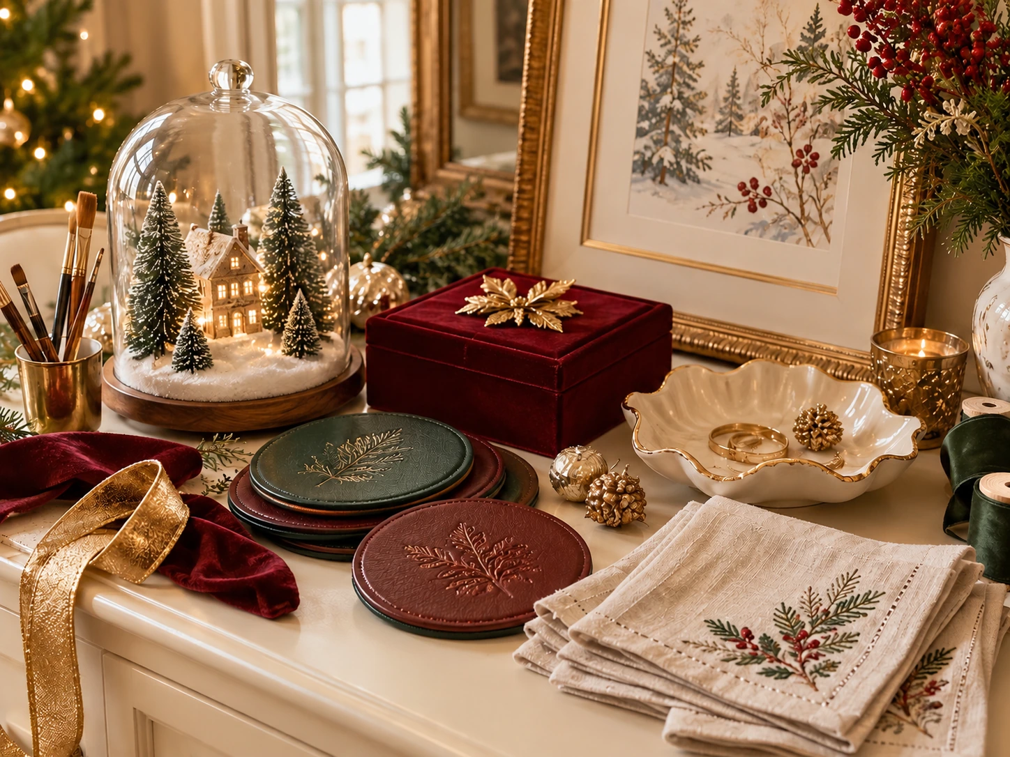 A curated collection of luxury-inspired Christmas crafts for adults, including decorative glass displays, velvet accessories, embroidered linens, and handmade home decor.