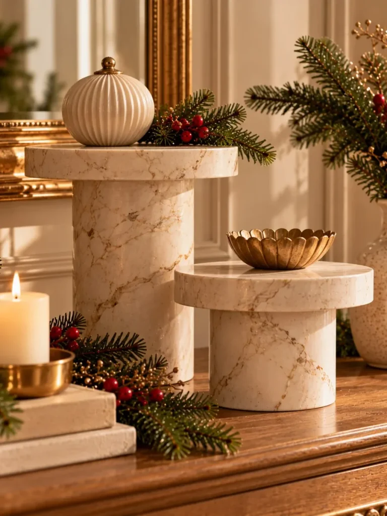 Cream faux marble display pedestals in different heights.