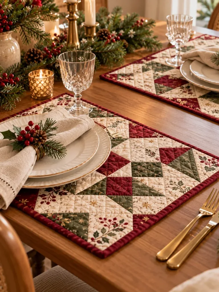 Coordinated quilted Christmas placemats on a dining table.