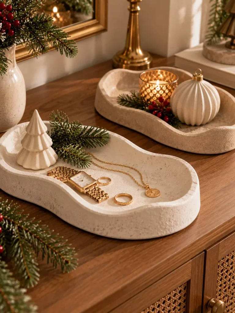 Minimalist ivory plaster trays with organic curved edges.