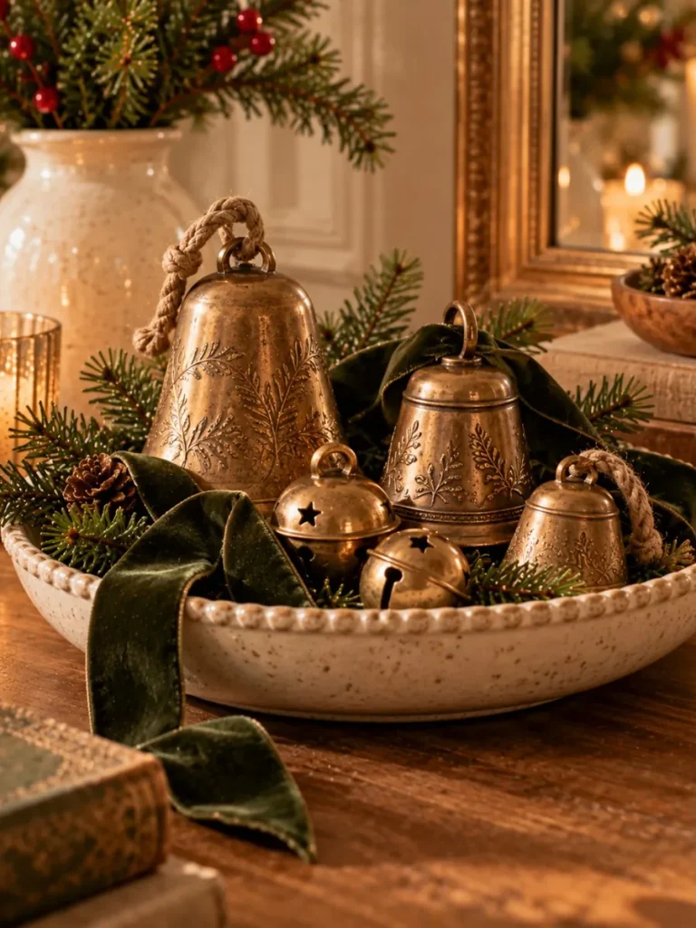 Antique-style brass decorative Christmas bells in a ceramic dish.