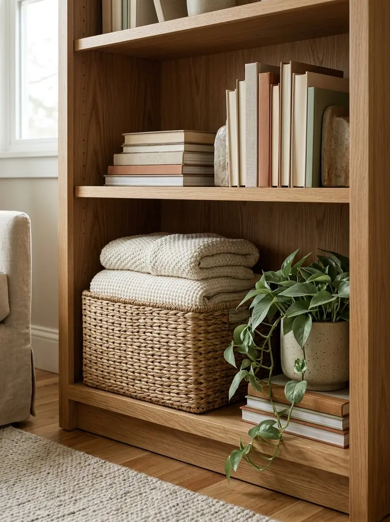 Add Woven Baskets to Lower Shelves