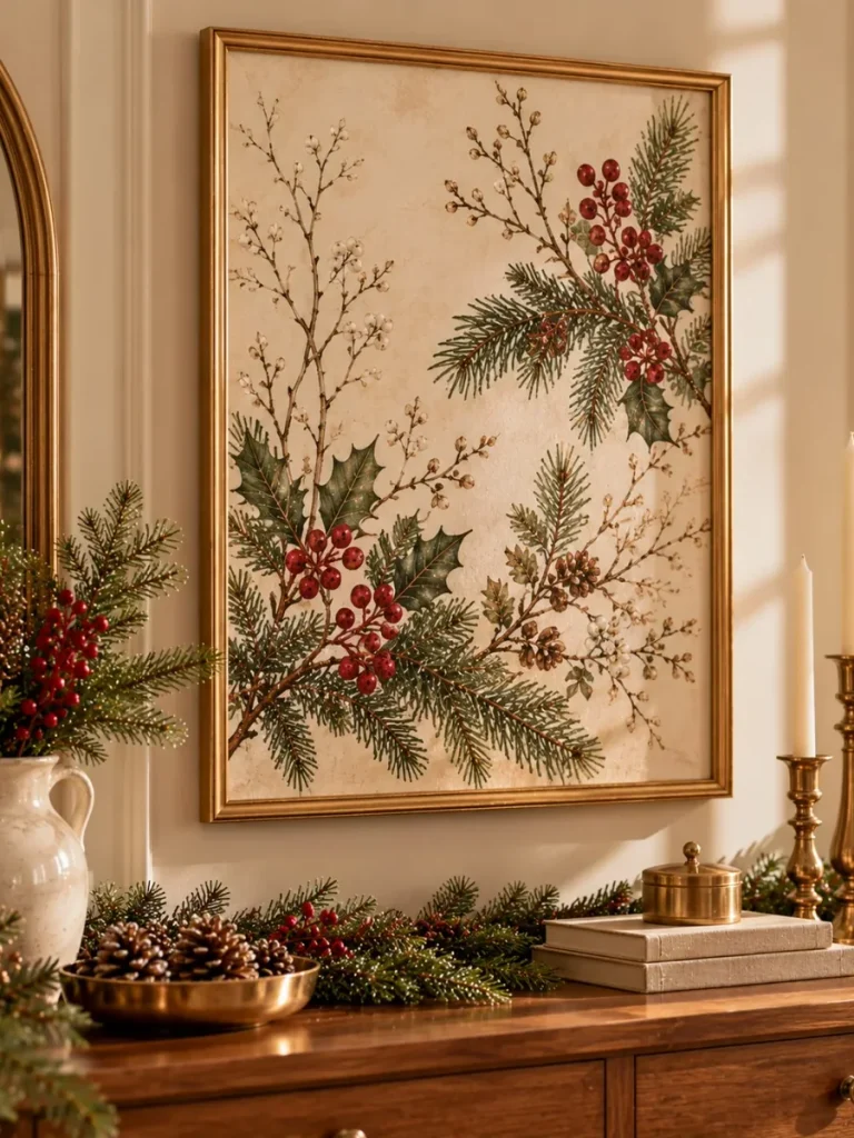 Framed winter botanical illustrations in a gold frame.