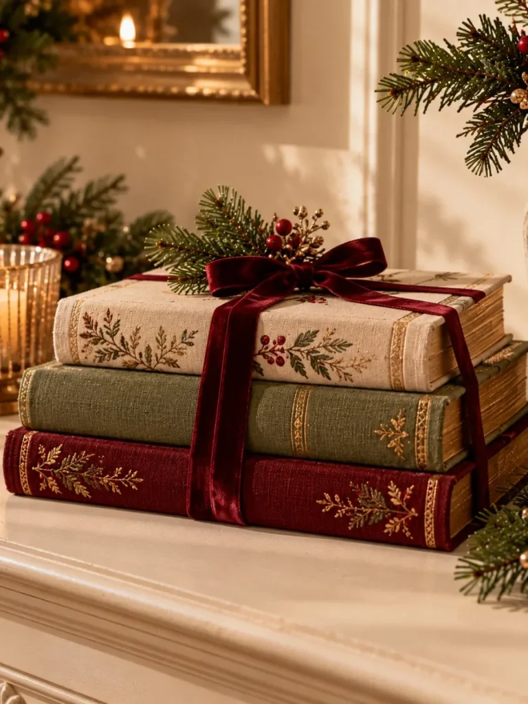 Decorative book stack wrapped in coordinated Christmas fabrics.