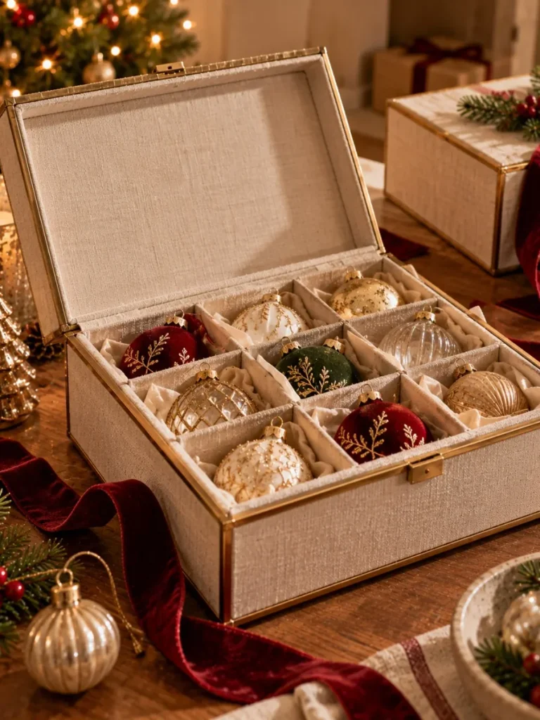 Fabric-lined Christmas ornament storage box with individual compartments.
