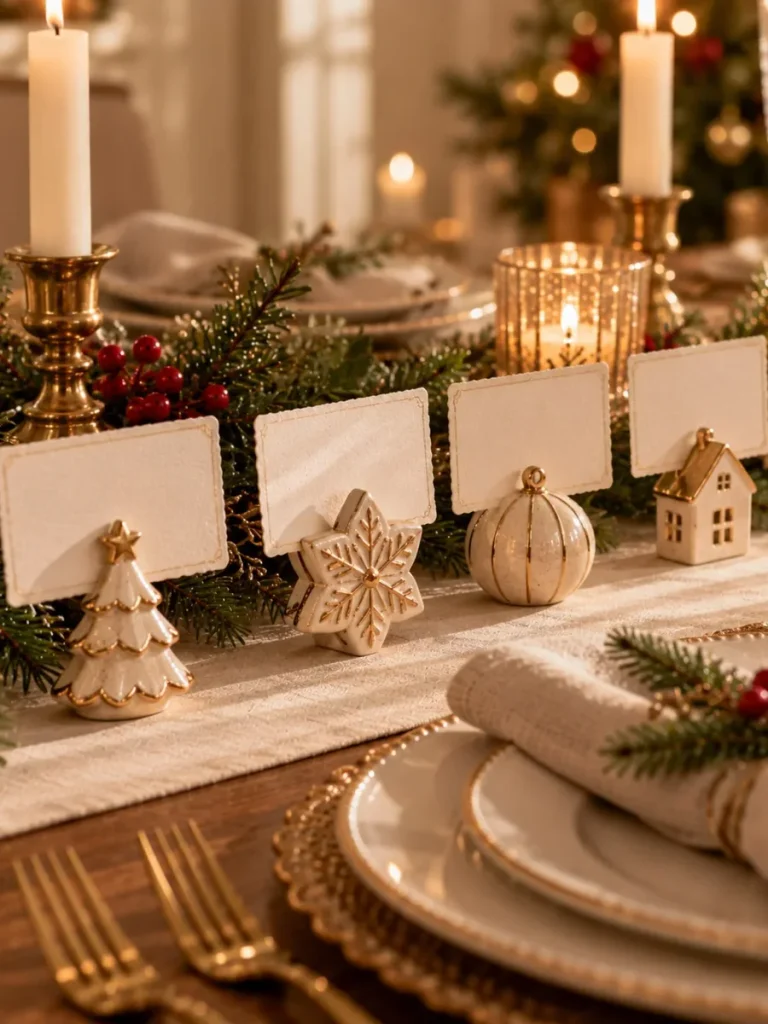 Ivory handmade place card holders with gold accents.