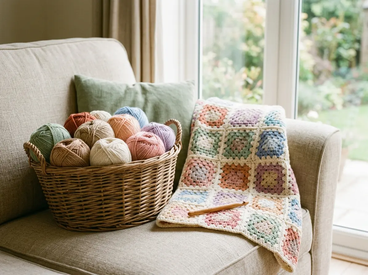 Basket of colorful yarn beside a pastel crochet granny-square blanket