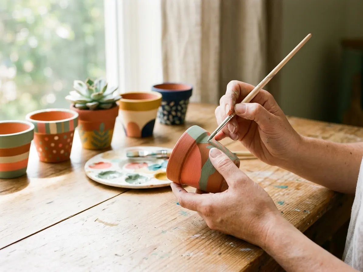 Hands painting a terracotta pot with acrylic paint beside a row of colorful painted pots