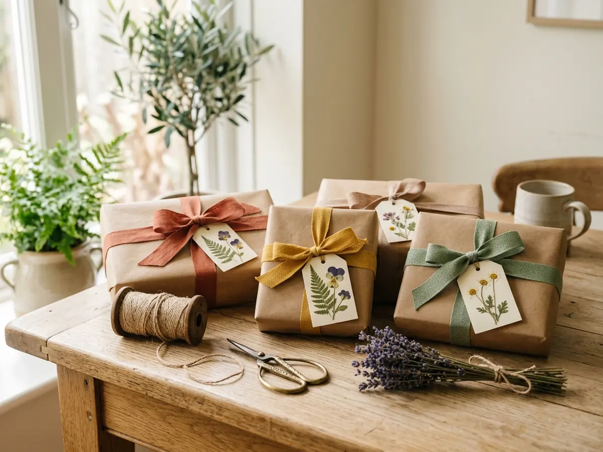 Gift wrapping station with kraft parcels, colorful ribbons, pressed-flower tags and dried lavender