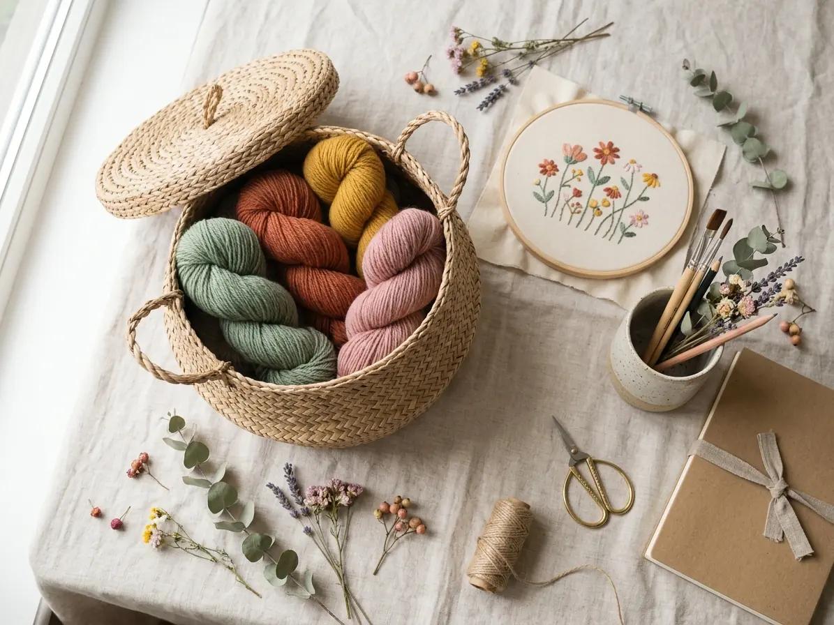 Craft basket with colorful yarn skeins, an embroidery hoop and dried flowers on pale linen