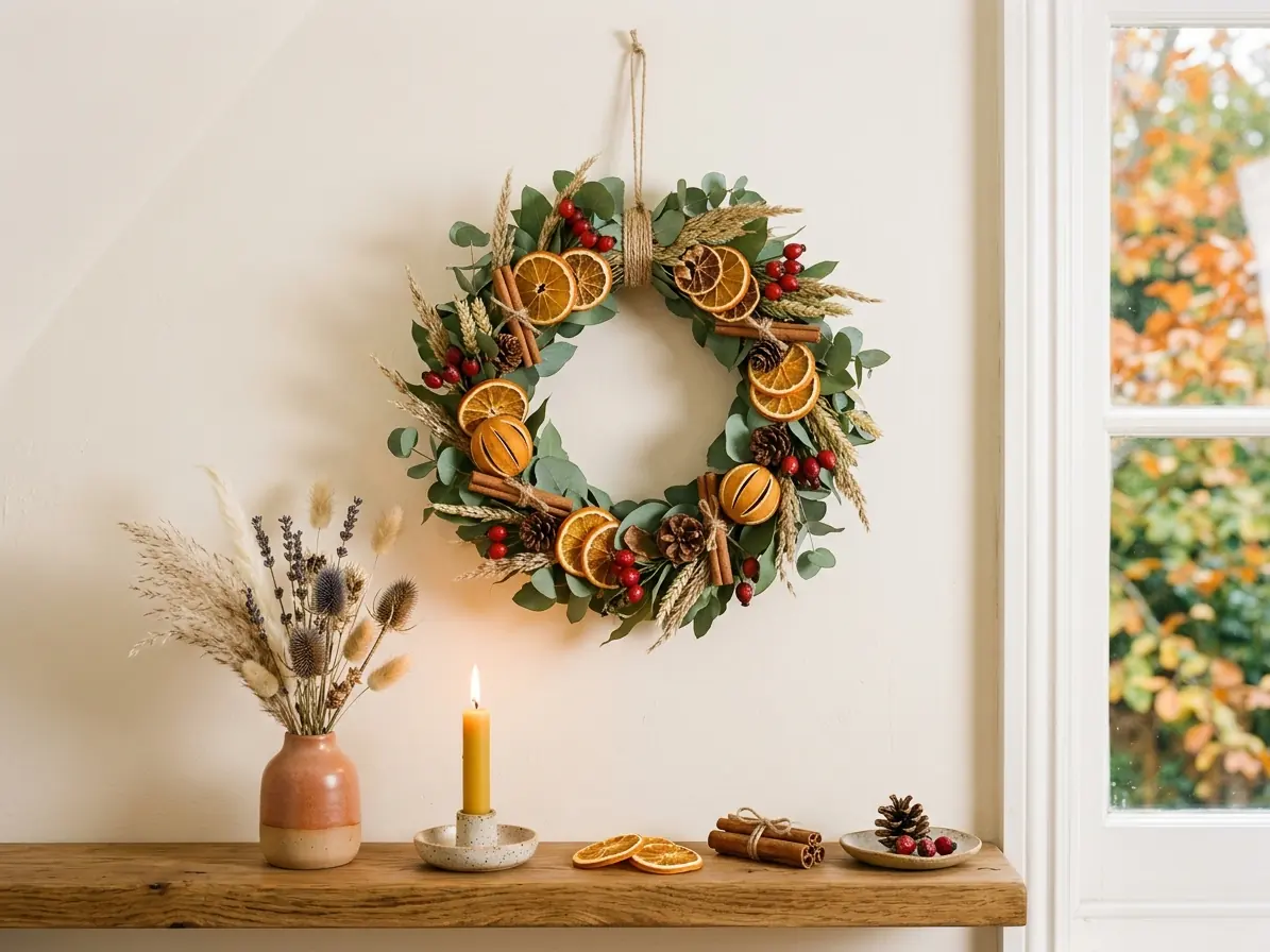 Handmade seasonal wreath of dried orange slices and eucalyptus above a shelf with a candle and dried flowers