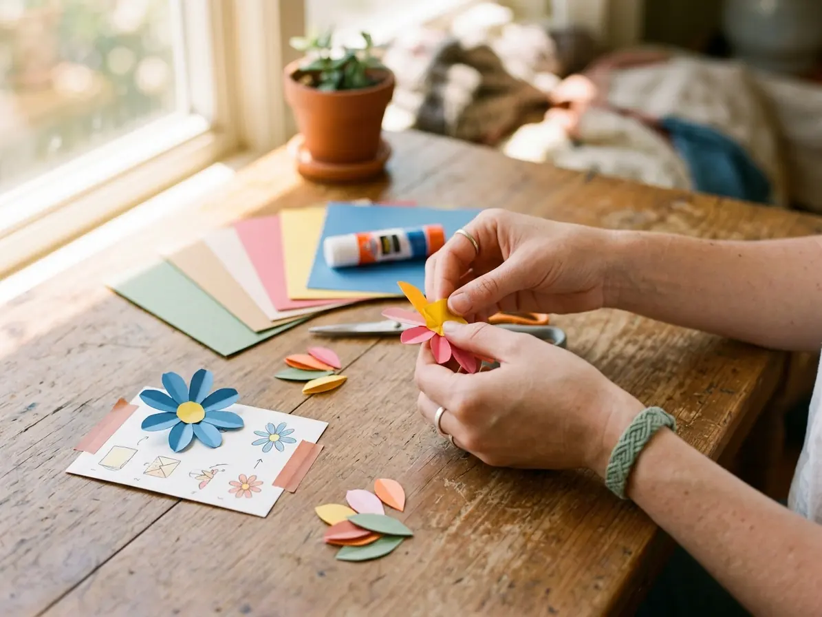 Hands folding colorful paper flowers with simple craft supplies on a wooden table