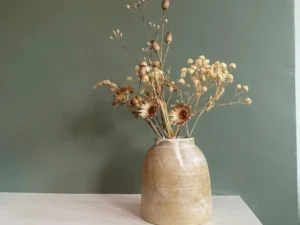 Handmade clay vase with dried flowers against a sage green wall
