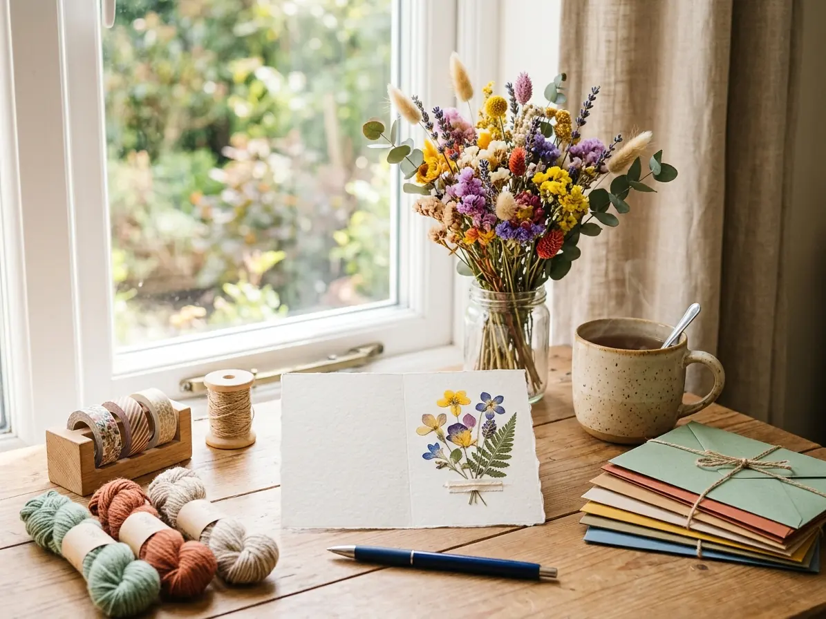 Creative desk with a blank note card, colorful envelopes, a dried flower bouquet, yarn and a cup of tea