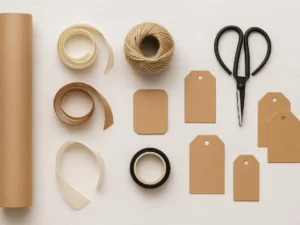 Flat lay of craft supplies: kraft paper, twine, ribbon, tags and scissors