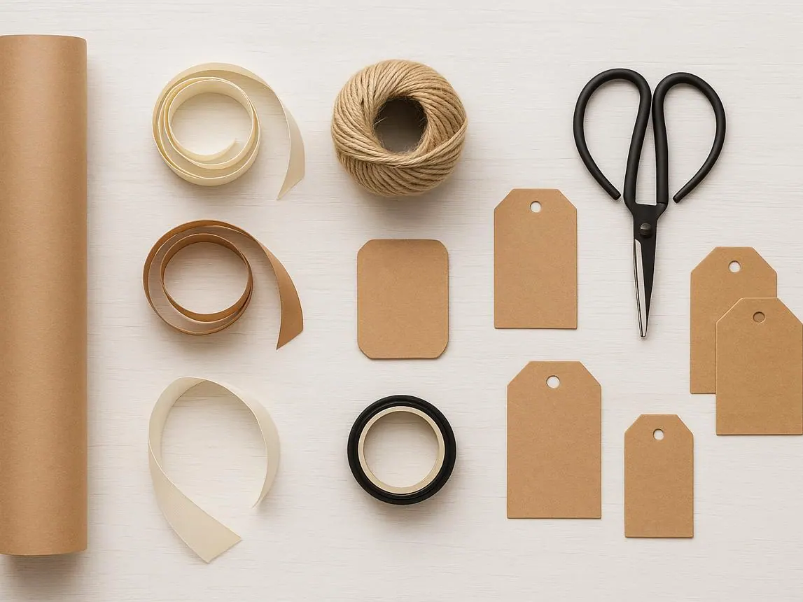 Flat lay of craft supplies: kraft paper, twine, ribbon, tags and scissors