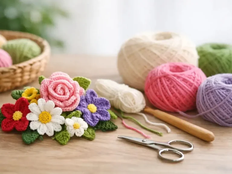 Crochet flower bouquet beside balls of yarn, a crochet hook and scissors