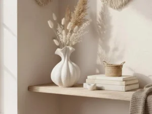 Cozy shelf styled with a vase of dried grasses and macramé wall hangings
