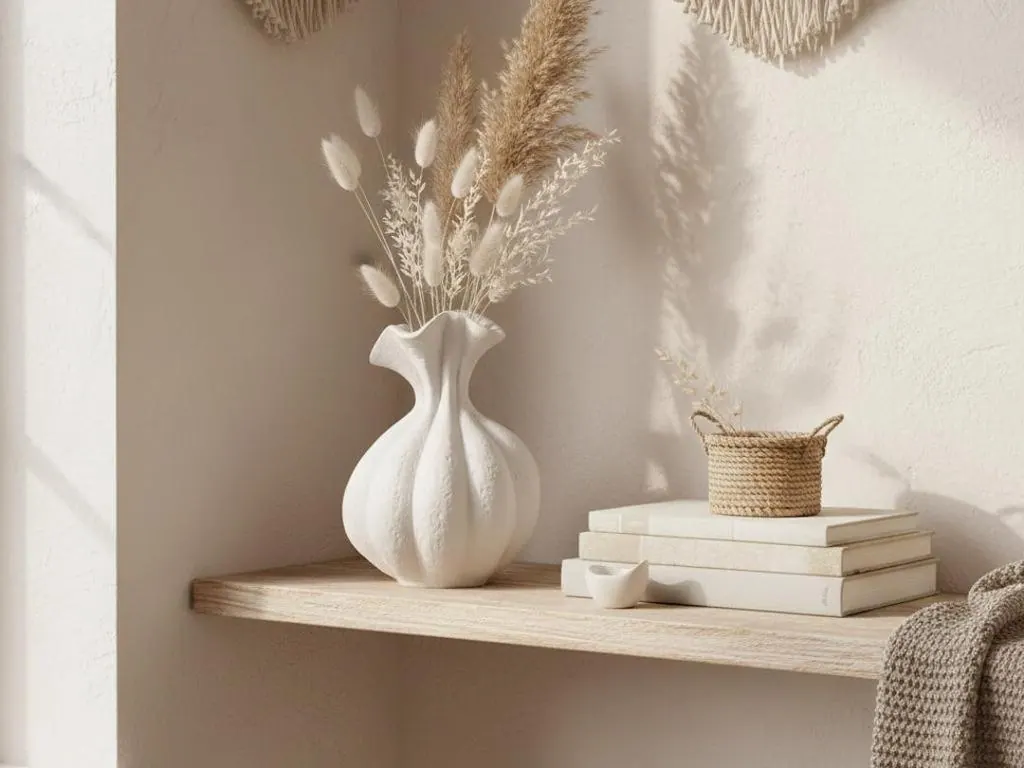 Cozy shelf styled with a vase of dried grasses and macramé wall hangings