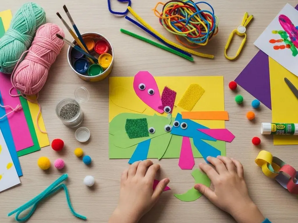 Child making a colorful paper craft with paint, yarn and pom-poms