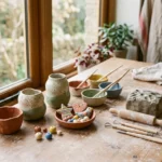Clay crafts on a wooden table with hand-built pinch pots, sculpting tools, a rolling pin and colorful beads