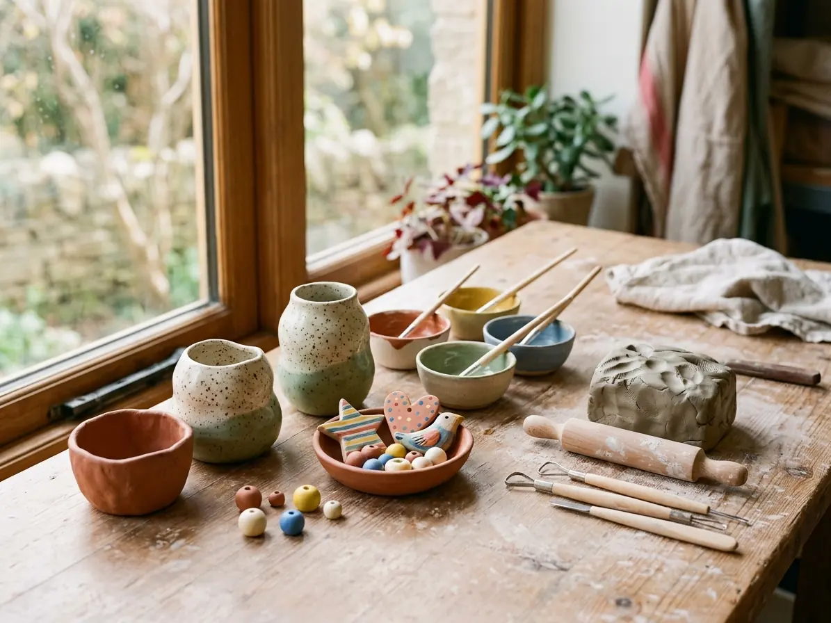 Clay crafts on a wooden table with hand-built pinch pots, sculpting tools, a rolling pin and colorful beads