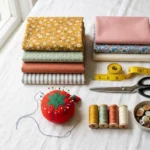 Fabric crafts flat lay with folded patterned fabrics, a measuring tape, scissors, thread spools, buttons and a pin cushion