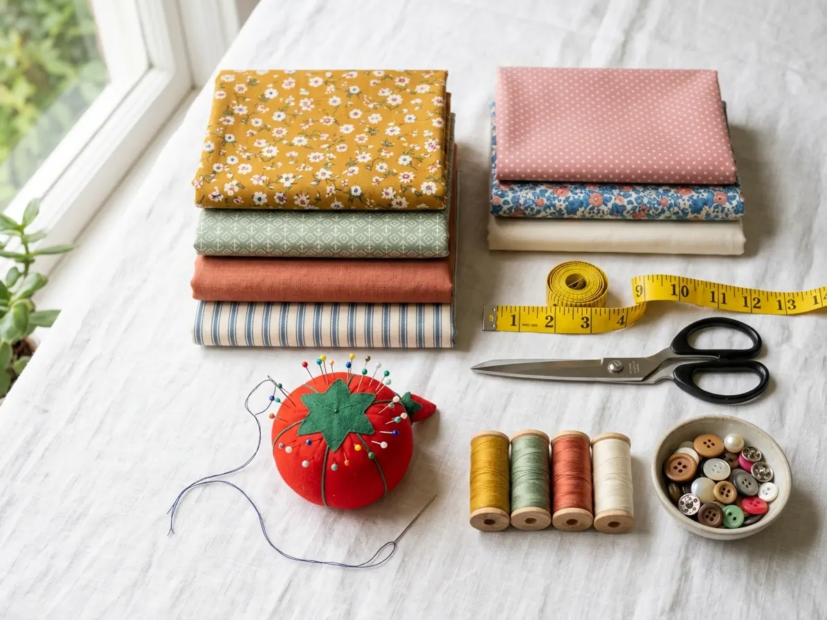 Fabric crafts flat lay with folded patterned fabrics, a measuring tape, scissors, thread spools, buttons and a pin cushion