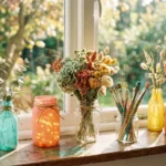 Glass jar crafts on a sunny windowsill with painted bottles, a fairy-light jar, dried flower arrangements and paintbrushes