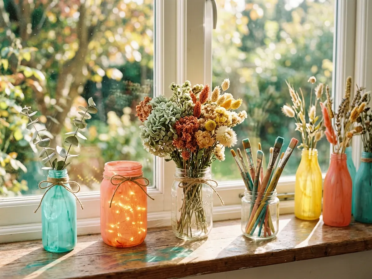 Glass jar crafts on a sunny windowsill with painted bottles, a fairy-light jar, dried flower arrangements and paintbrushes