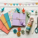 Colorful paper crafts with origami cranes, a paper garland, folded paper, washi tape and scissors on a white wooden table