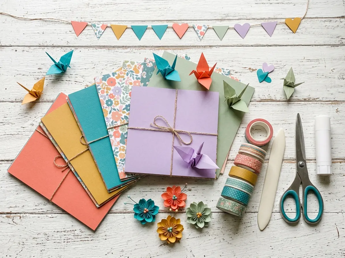 Colorful paper crafts with origami cranes, a paper garland, folded paper, washi tape and scissors on a white wooden table