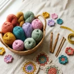 Colorful yarn balls in a woven basket with crochet flowers, granny squares, crochet hooks and a measuring tape