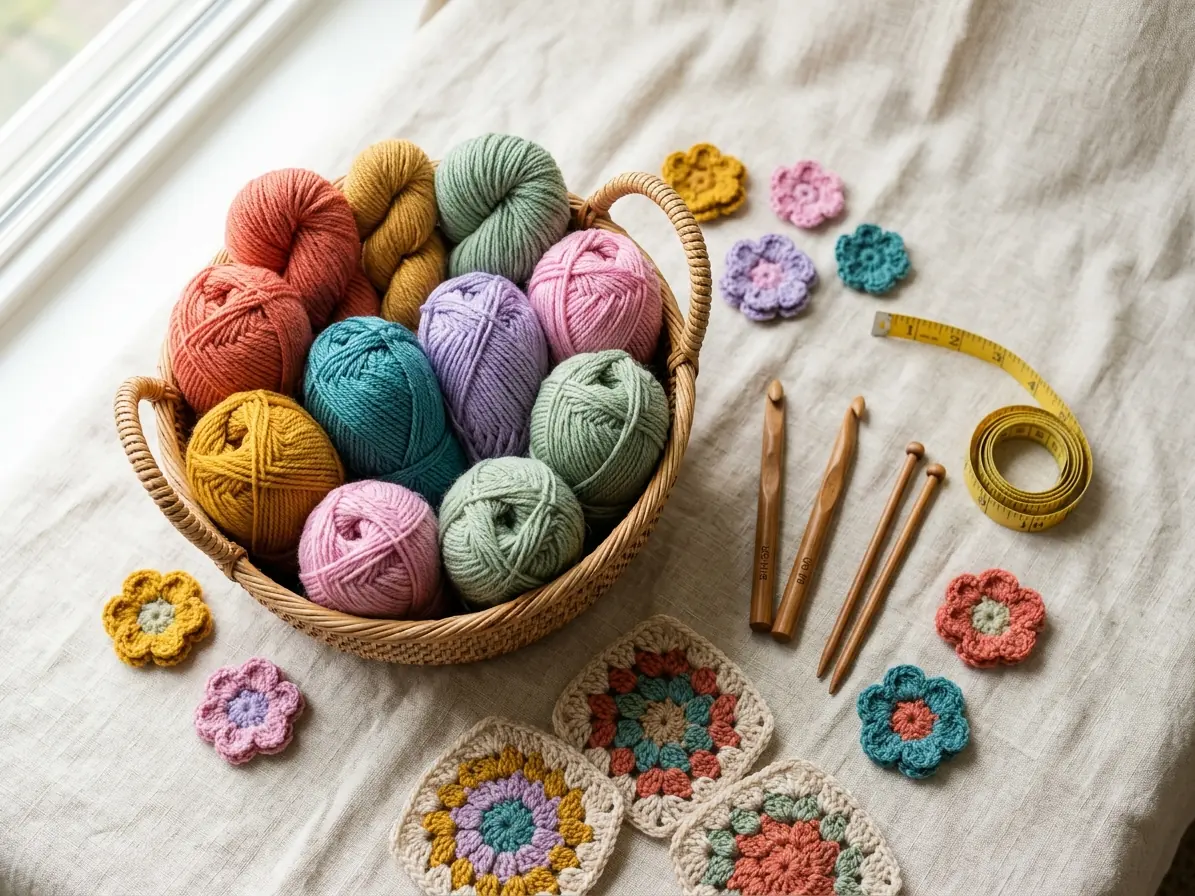 Colorful yarn balls in a woven basket with crochet flowers, granny squares, crochet hooks and a measuring tape
