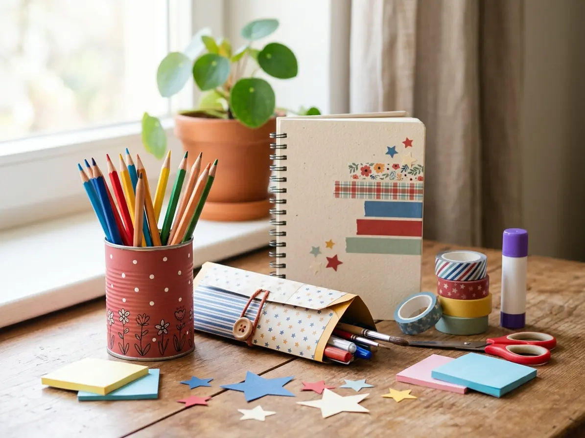 Back-to-school crafts with colorful pencils, a decorated notebook, washi tape and a paper pencil case