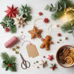 Handmade Christmas crafts with paper stars, felt gingerbread ornaments, pine sprigs and twine