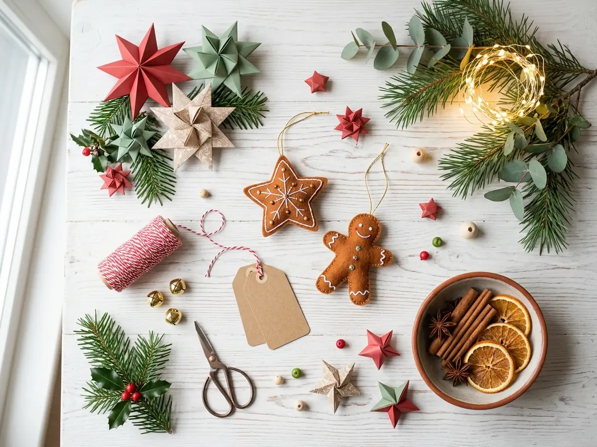 Handmade Christmas crafts with paper stars, felt gingerbread ornaments, pine sprigs and twine