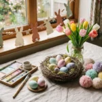 Easter crafts with painted pastel eggs, a paper bunny garland, pom-poms and tulips