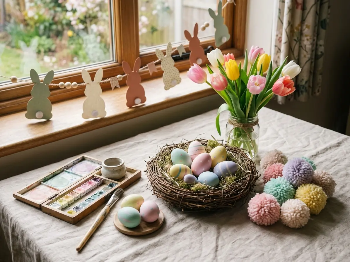 Easter crafts with painted pastel eggs, a paper bunny garland, pom-poms and tulips