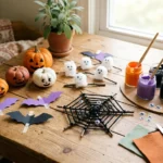 Halloween crafts with painted pumpkins, paper bats, cotton ghosts and a yarn spider web