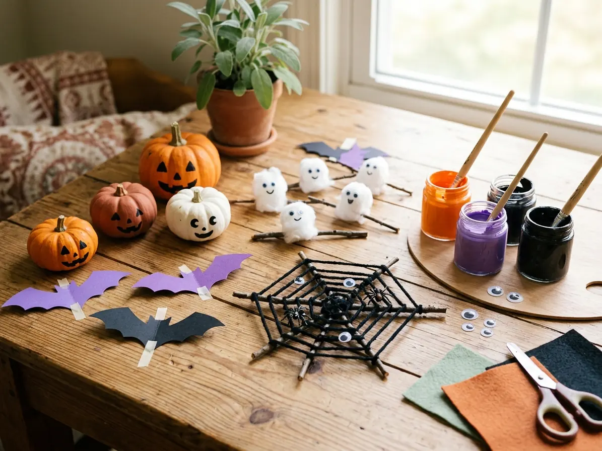 Halloween crafts with painted pumpkins, paper bats, cotton ghosts and a yarn spider web