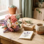 Handmade Mother's Day gift with a crochet and paper flower bouquet, a card and a small gift box