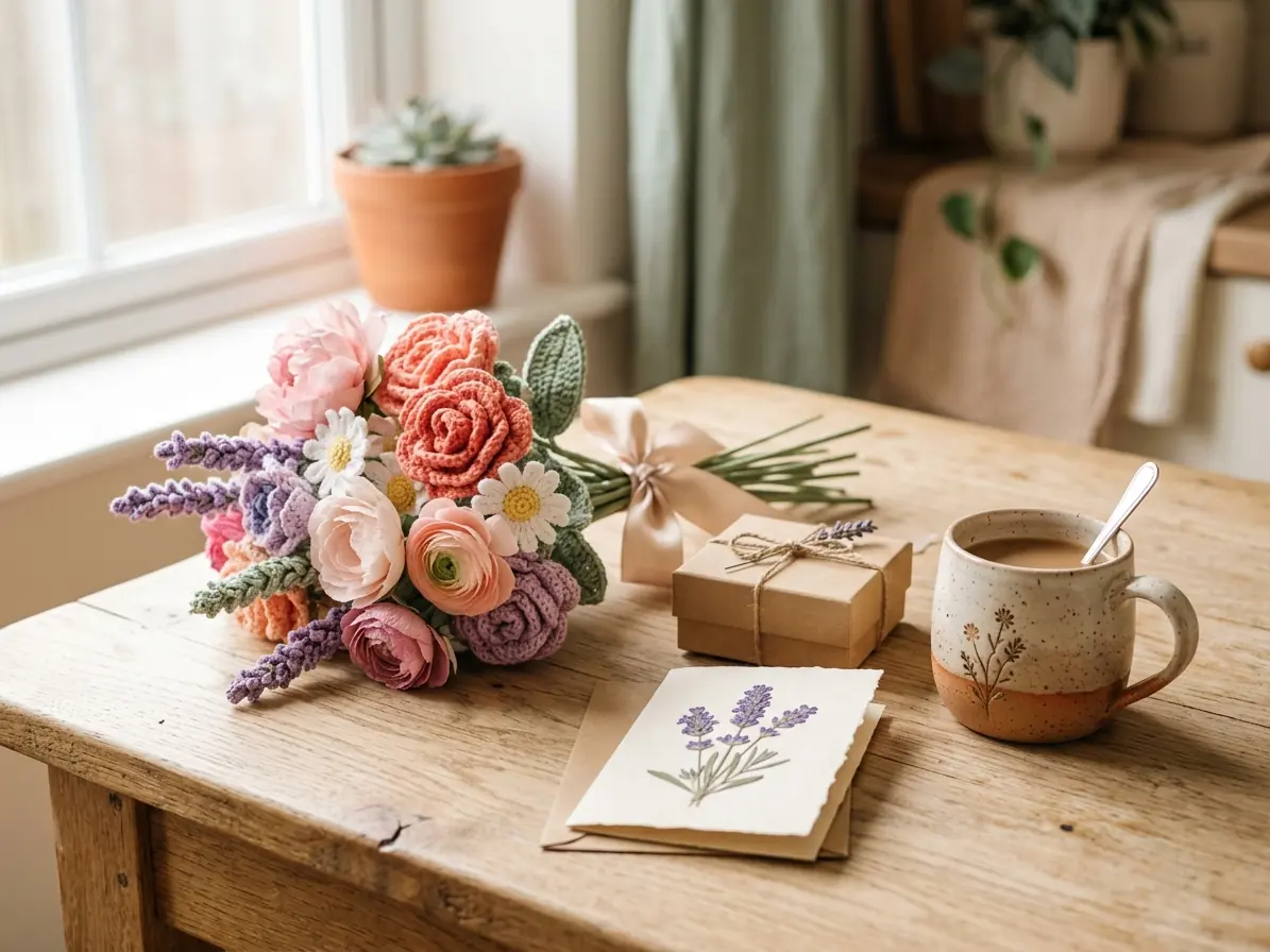 Handmade Mother's Day gift with a crochet and paper flower bouquet, a card and a small gift box