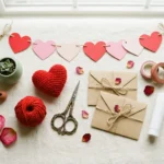 Valentine's Day crafts with a paper heart garland, crochet heart, red yarn and craft envelopes