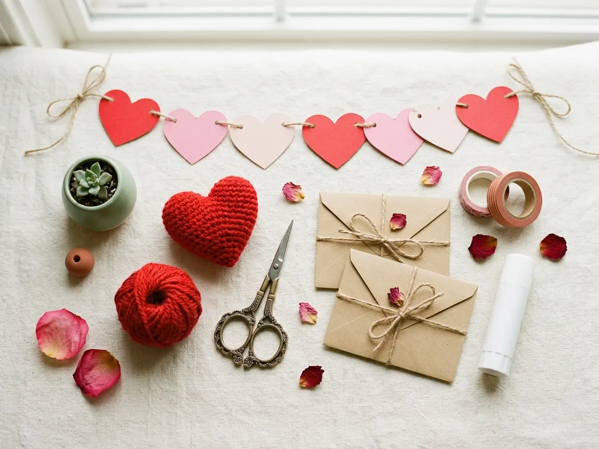 Valentine's Day crafts with a paper heart garland, crochet heart, red yarn and craft envelopes
