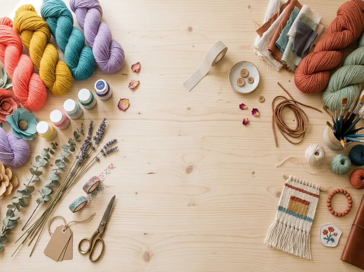 Colorful craft supplies spread across a light wooden table with yarn skeins, paint jars, dried lavender, washi tape and scissors
