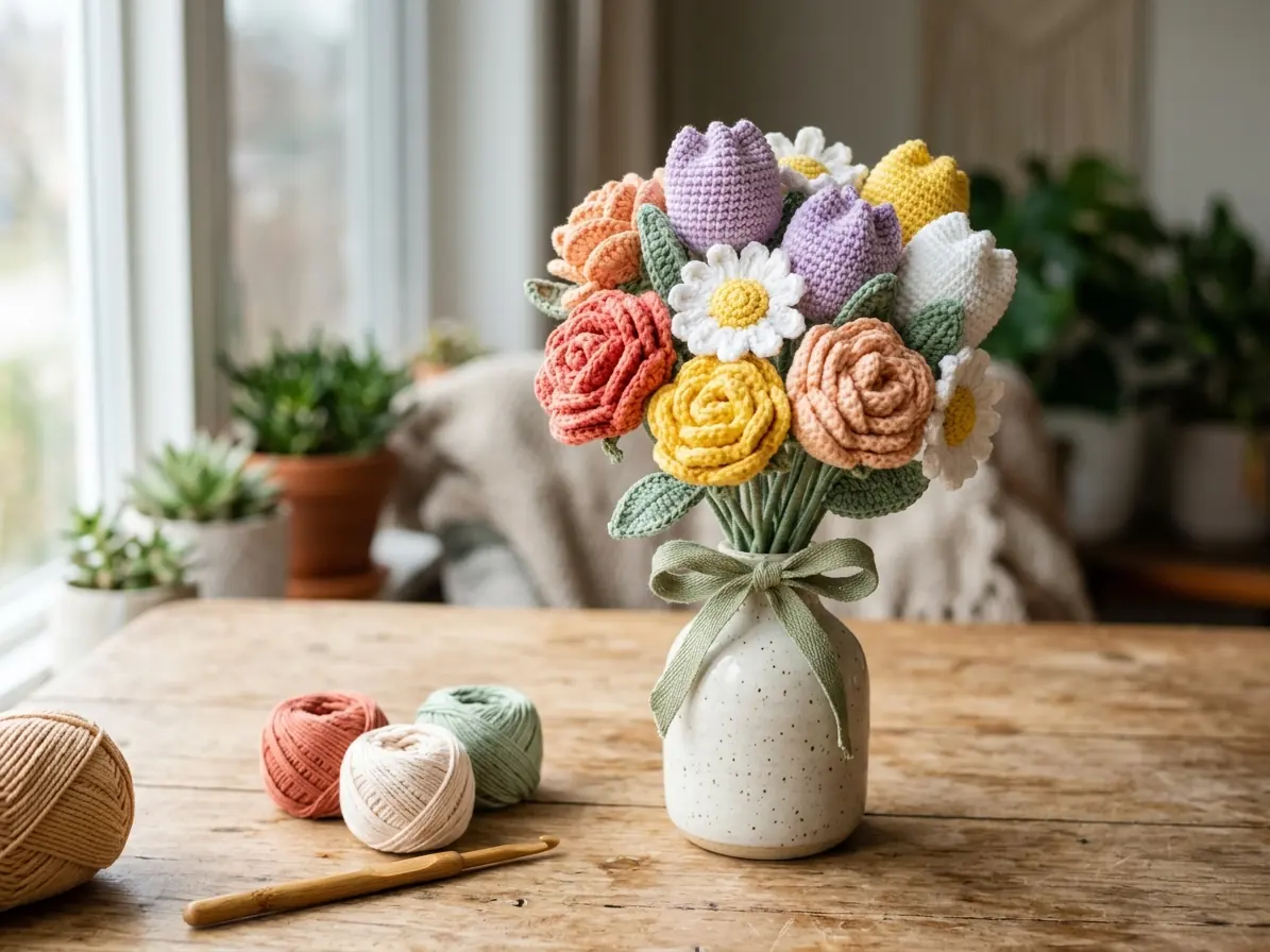 Colorful crochet flower bouquet in a ceramic vase with yarn balls and a crochet hook