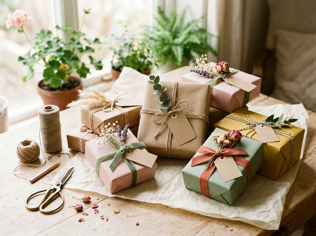 Hand-decorated gift boxes tied with ribbons and twine on a wooden table