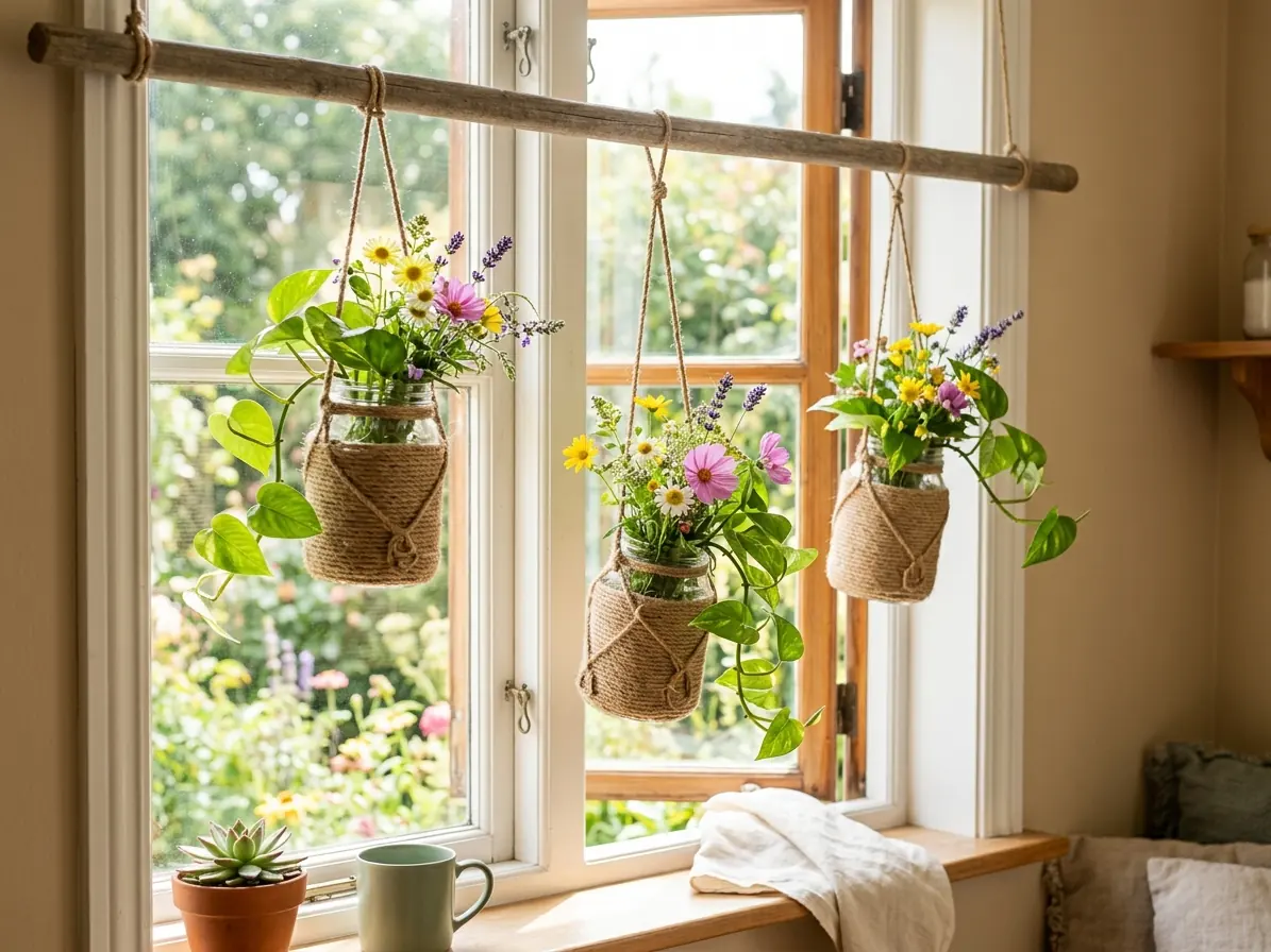 Mason jars wrapped in jute rope hanging in a sunny window with trailing plants and wildflowers