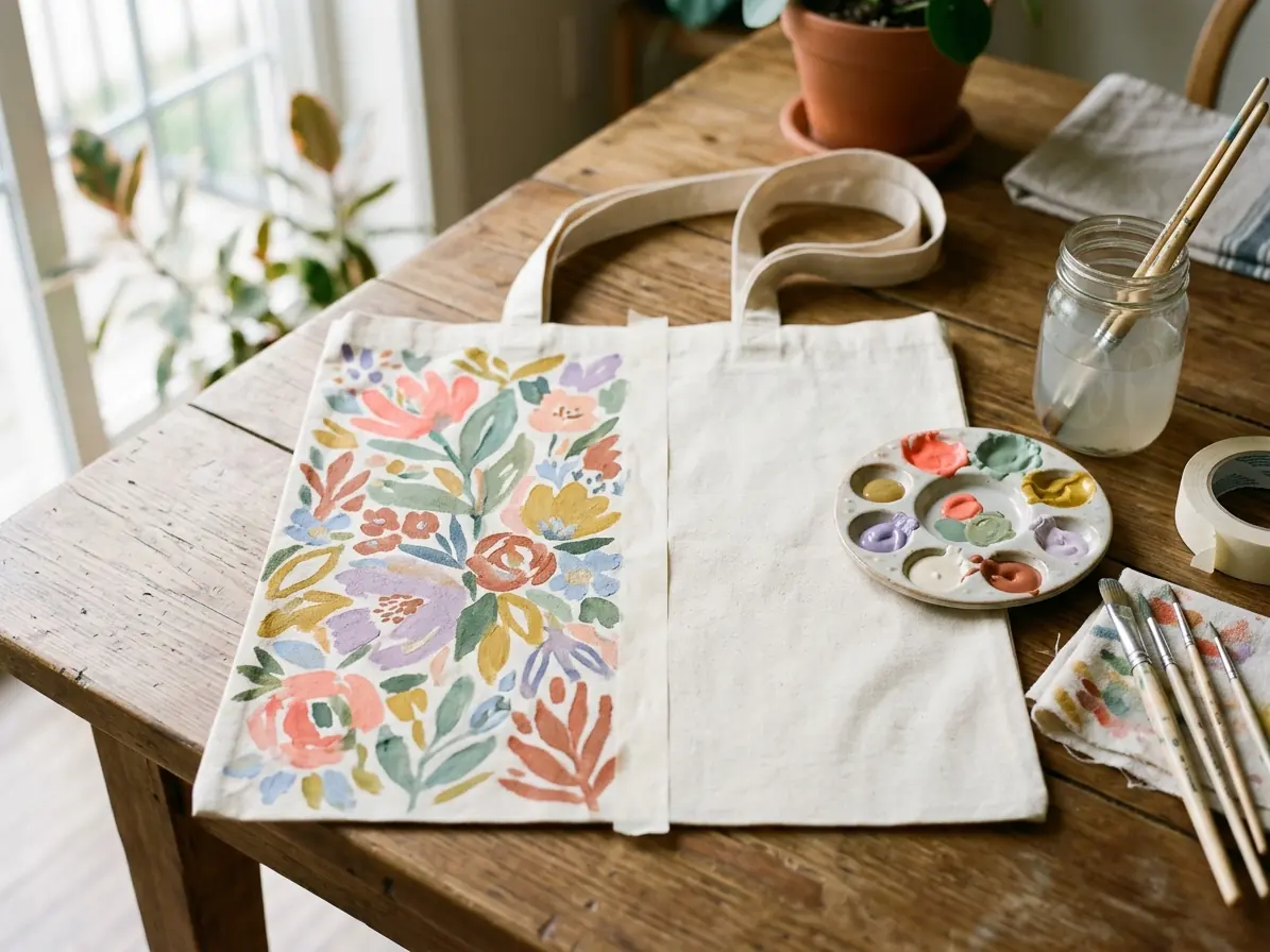 Canvas tote bag hand-painted with a colorful floral pattern beside a paint palette and brushes